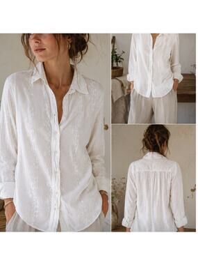 Cino White Embroidered Crinkle Button Front Blouse Shirt Boho Cottagecore Size S